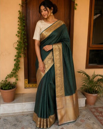 Traditional border silk saree with stitched blouse|traditional saree with readymade blouse/silk sarees USA/semi silk saree/bottle gree saree