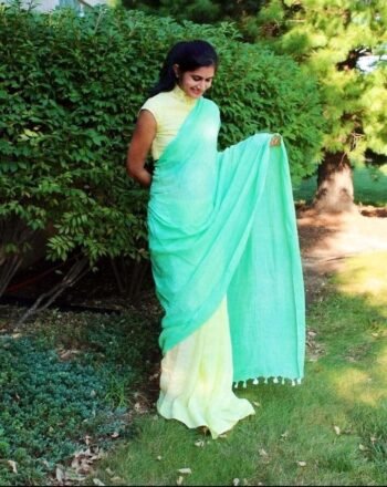 Pure Linen saree with hand embroidered linen blouse / high neck readymade blouse / linen saree with stitched blouse