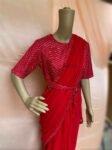 Saree with stitched blouse/ modern saree belt blouse / red saree USA / cocktail georgette saree / sequin blouse red / high neck saree blouse