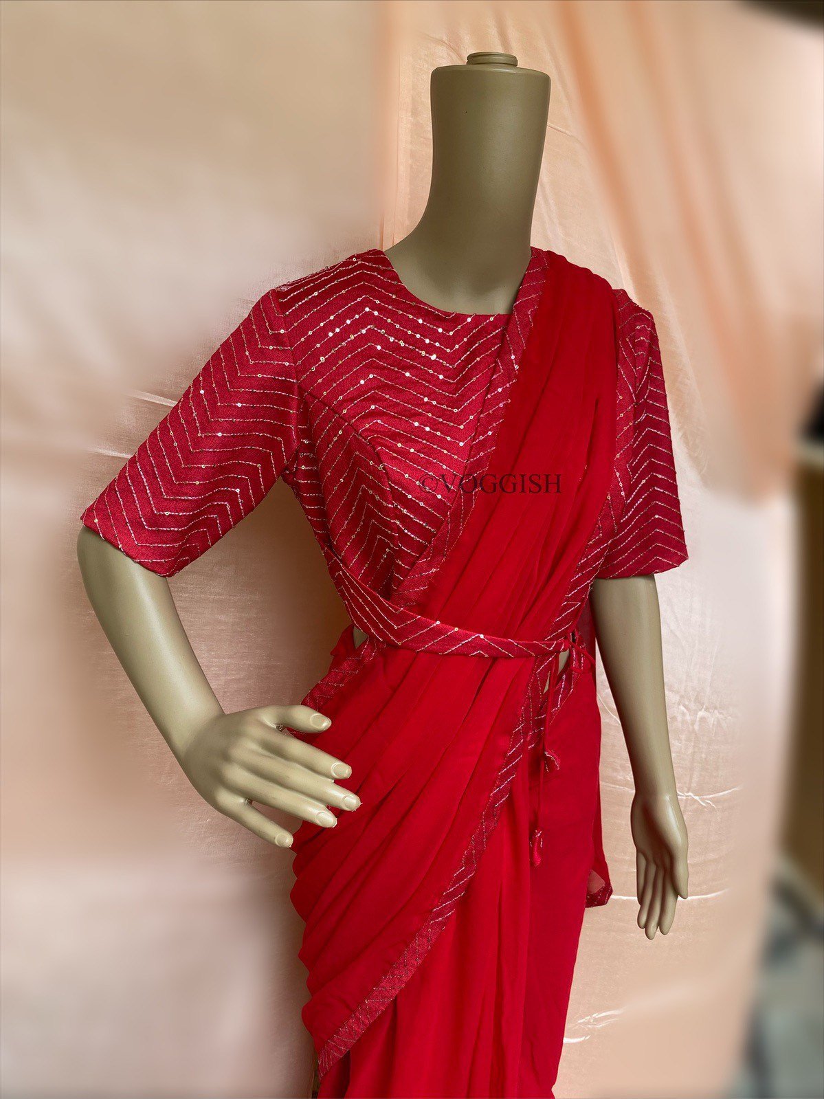 Saree with stitched blouse/ modern saree belt blouse / red saree USA / cocktail georgette saree / sequin blouse red / high neck saree blouse
