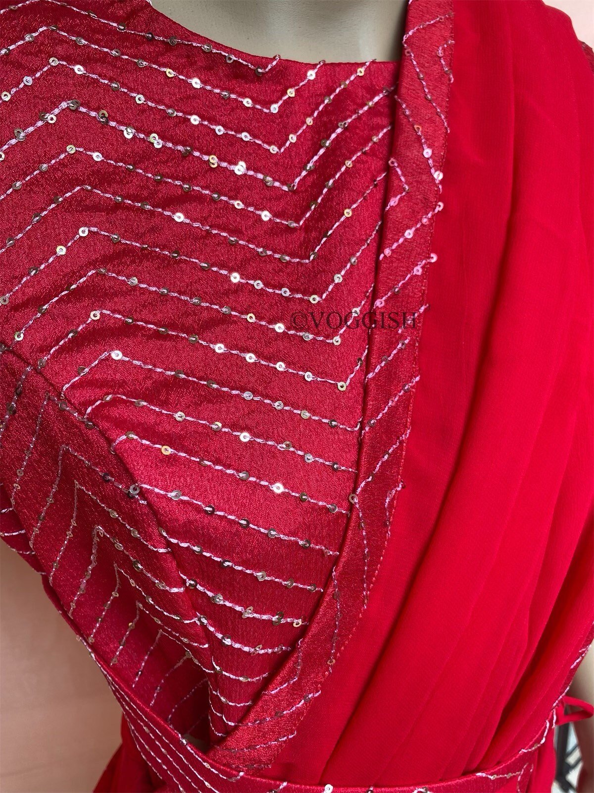 Saree with stitched blouse/ modern saree belt blouse / red saree USA / cocktail georgette saree / sequin blouse red / high neck saree blouse