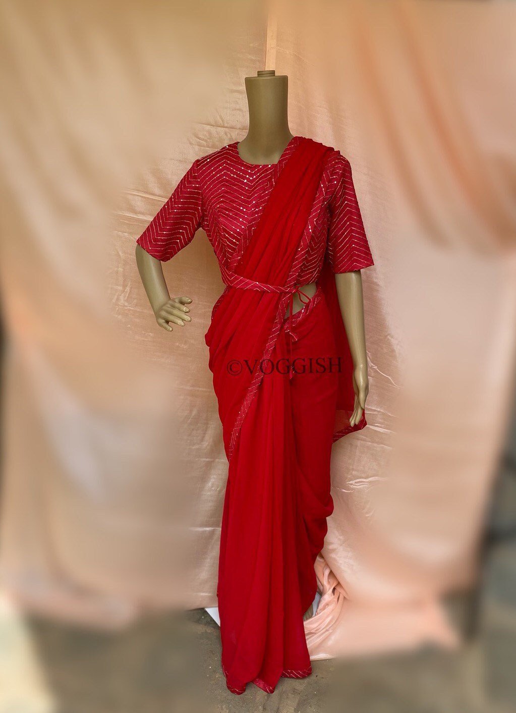 Saree with stitched blouse/ modern saree belt blouse / red saree USA / cocktail georgette saree / sequin blouse red / high neck saree blouse