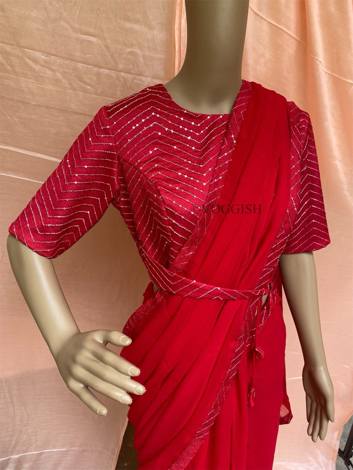 Saree with stitched blouse/ modern saree belt blouse / red saree USA / cocktail georgette saree / sequin blouse red / high neck saree blouse