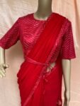 Saree with stitched blouse/ modern saree belt blouse / red saree USA / cocktail georgette saree / sequin blouse red / high neck saree blouse