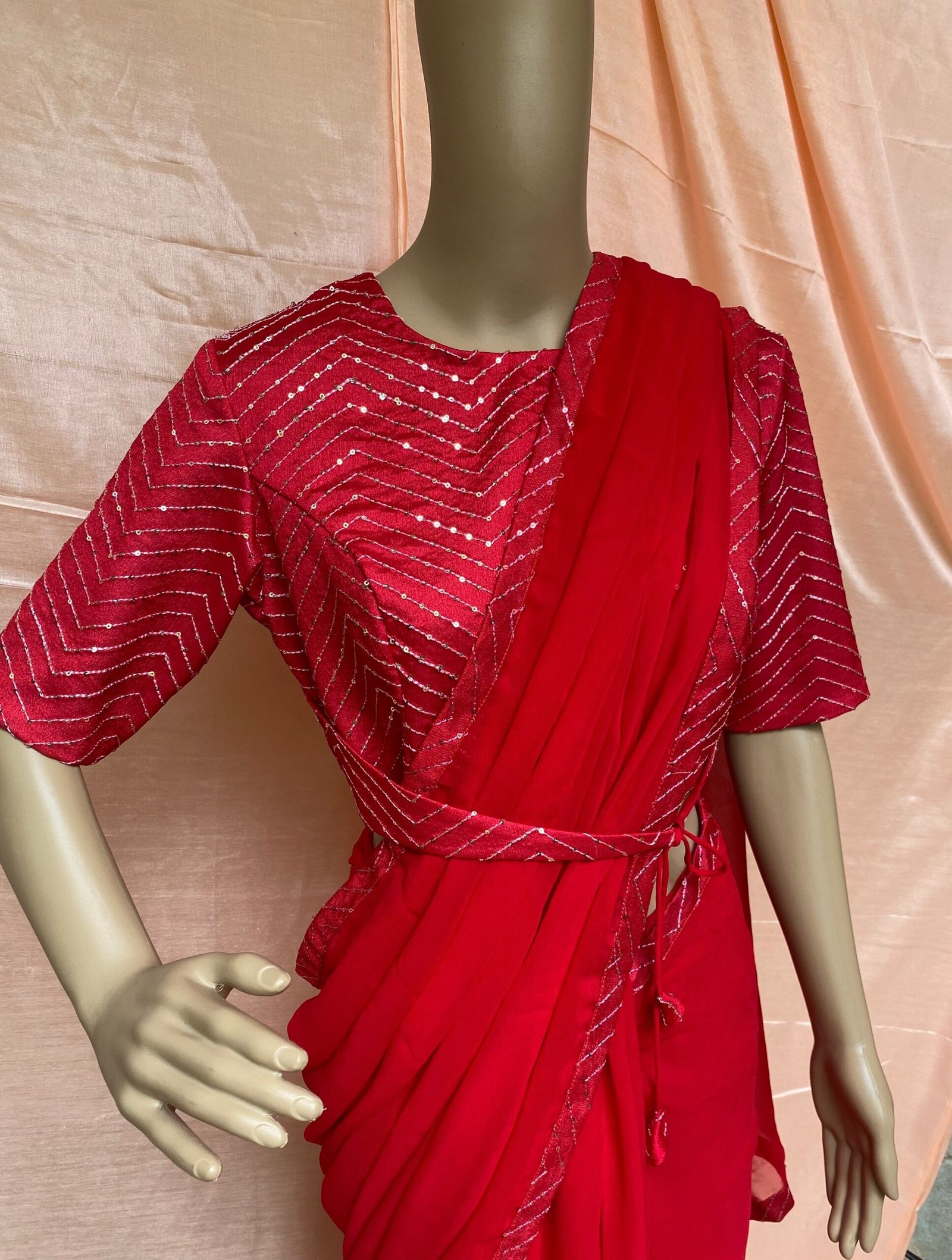 Saree with stitched blouse/ modern saree belt blouse / red saree USA / cocktail georgette saree / sequin blouse red / high neck saree blouse