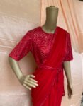 Saree with stitched blouse/ modern saree belt blouse / red saree USA / cocktail georgette saree / sequin blouse red / high neck saree blouse