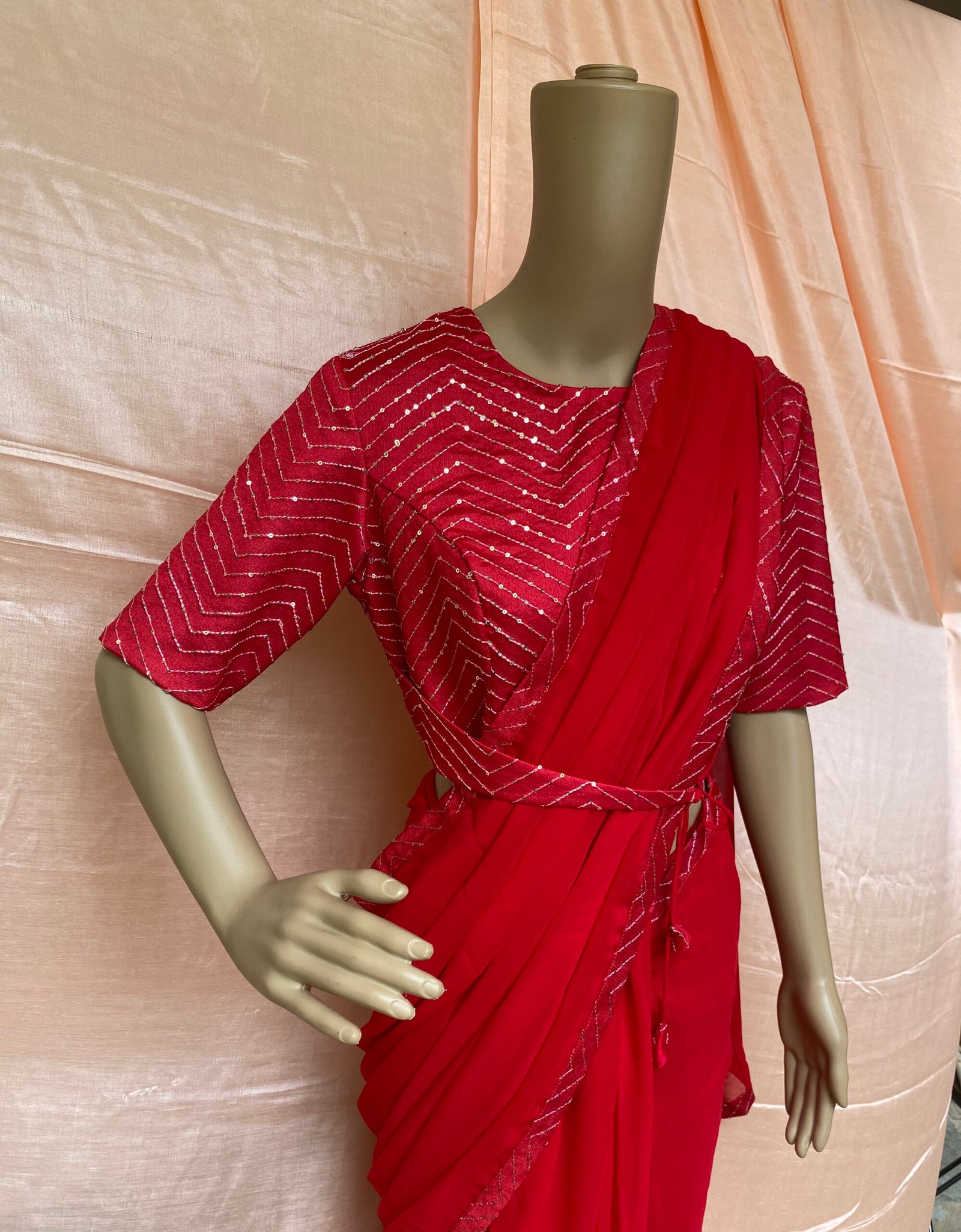 Saree with stitched blouse/ modern saree belt blouse / red saree USA / cocktail georgette saree / sequin blouse red / high neck saree blouse