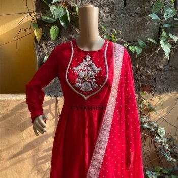 Hand embroidered red Anarkali with pure handloom  banarasi dupatta / anarkali suit set / anarkali dupatta  / Indian dresses/ voggish