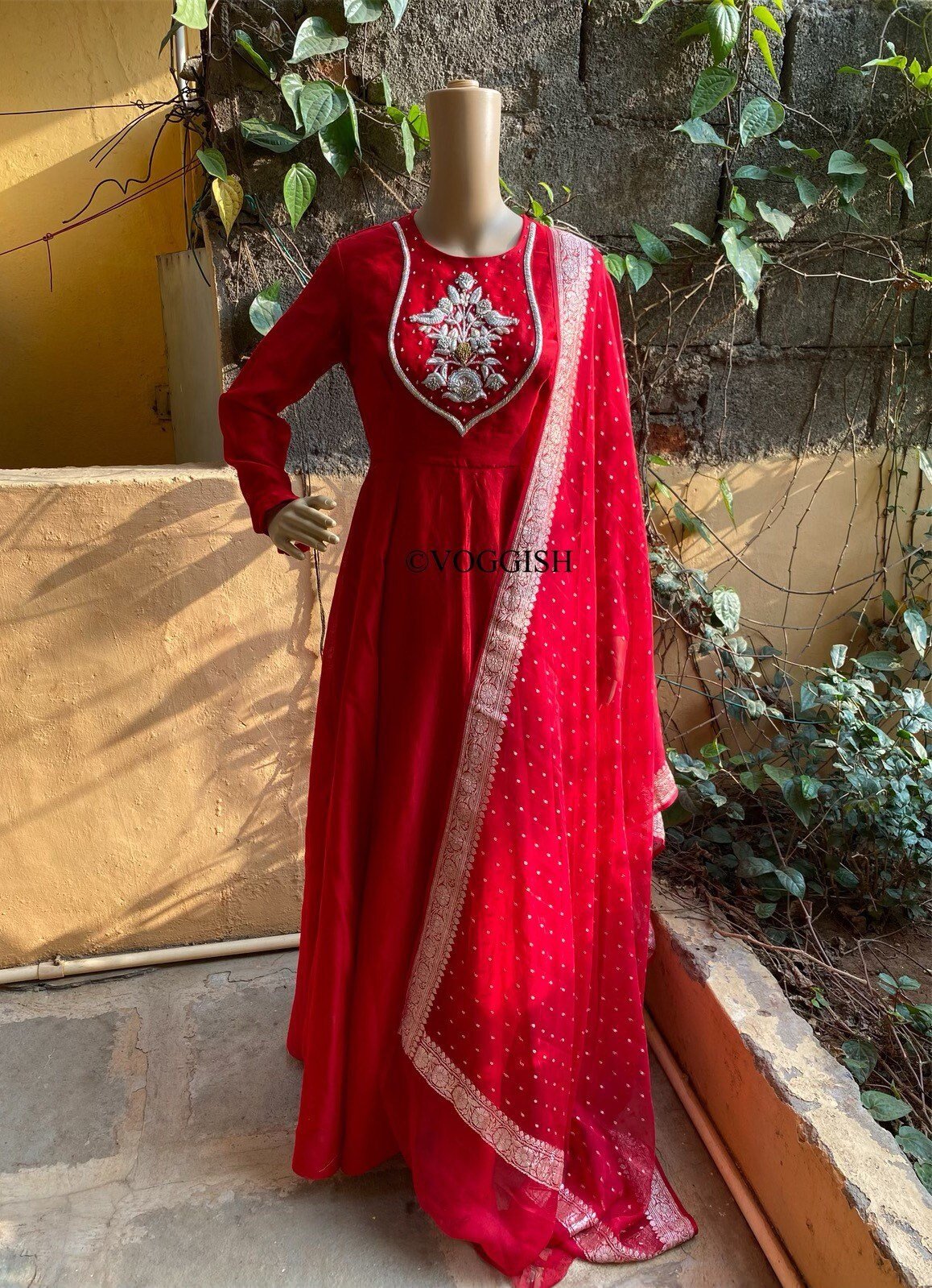 Hand embroidered red Anarkali with pure handloom banarasi dupatta / anarkali suit set / anarkali dupatta USA / Indian dresses/ voggish USA