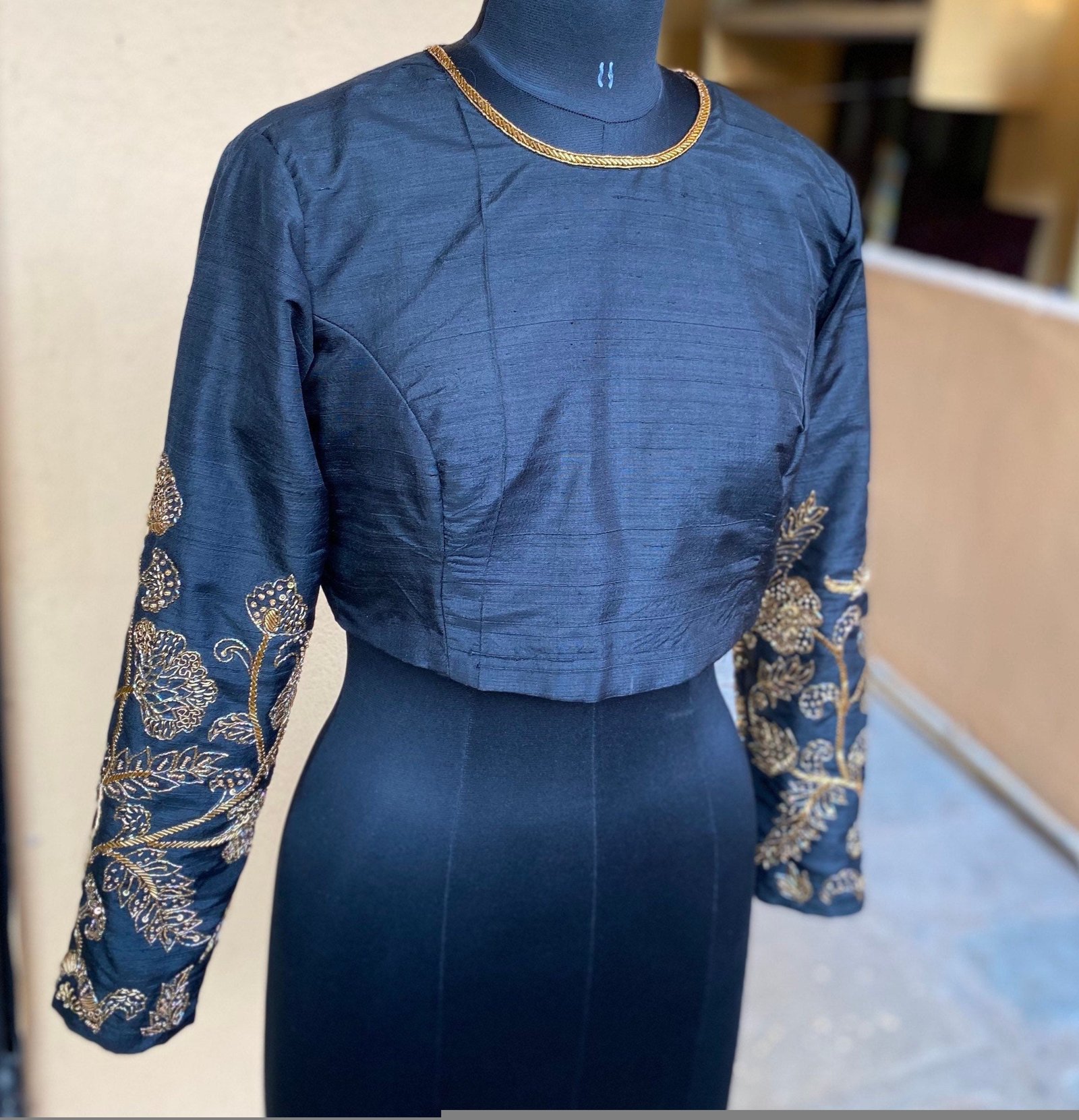 pure silk hand embroidery blouse / black maggam blouse / raw silk zardosi blouse / hand embroidered blouse / ready made blouse zardosi/