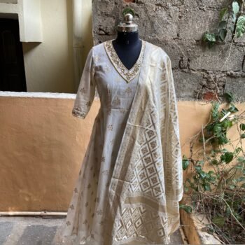 Pure chanderi Hand embroidered Anarkali / anarkali suit set / cream anarkali dupatta USA  / chanderi Indian dresses/ voggish USA