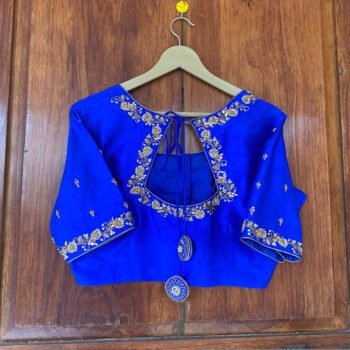 pure silk hand embroidery blouse /  saree maggam blouse / blue raw silk zardosi blouse / hand embroidered blouse /ready made blouse zardosi