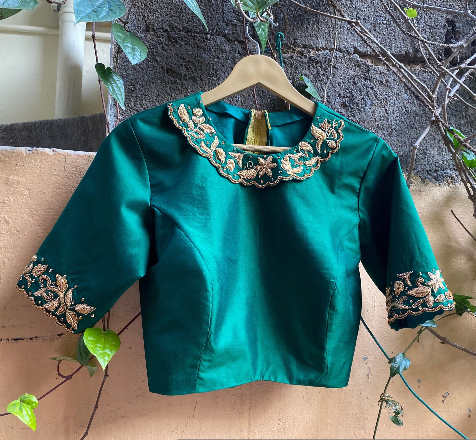 Green collar hand embroidery blouse / saree maggam work blouse / green saree blouse/ hand embroidered blouse / ready made blouse zardosi