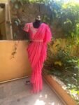Ruffle saree with blouse/ pink ruffle saree with stitched blouse/ saree belt with blouse / silk ruffle saree / saree with belt / belt sari
