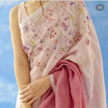 Pure linen saree with hand embroidered blouse / linen saree / saree with blouse set / soft saree / embroidered linen saree / sarees