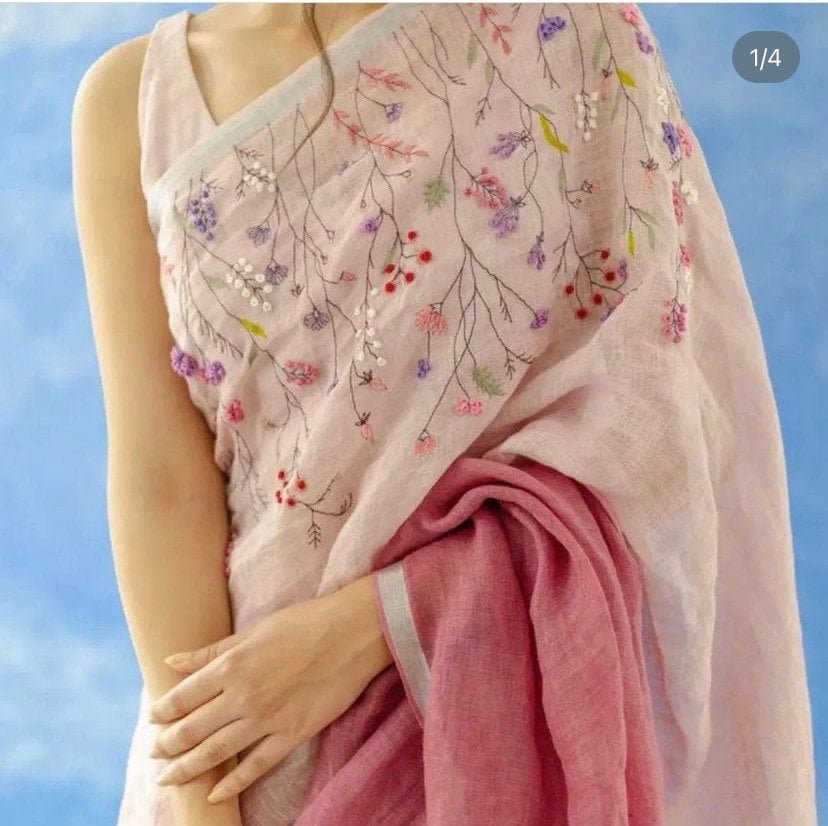Pure linen saree with hand embroidered blouse / linen saree USA / saree with blouse set / soft saree / embroidered linen saree / sarees USA