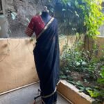Pure handloom Maheshwari silk cotton saree/ sari with red hand embroidered blouse / handloom saree with designer blouse /black saree