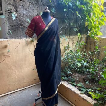 Pure handloom Maheshwari silk cotton saree/ sari with red hand embroidered blouse / handloom saree with designer blouse /black saree