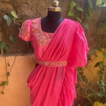 Ruffle saree with blouse/ pink ruffle saree with stitched blouse/ saree belt with blouse / silk ruffle saree / saree with belt / belt sari