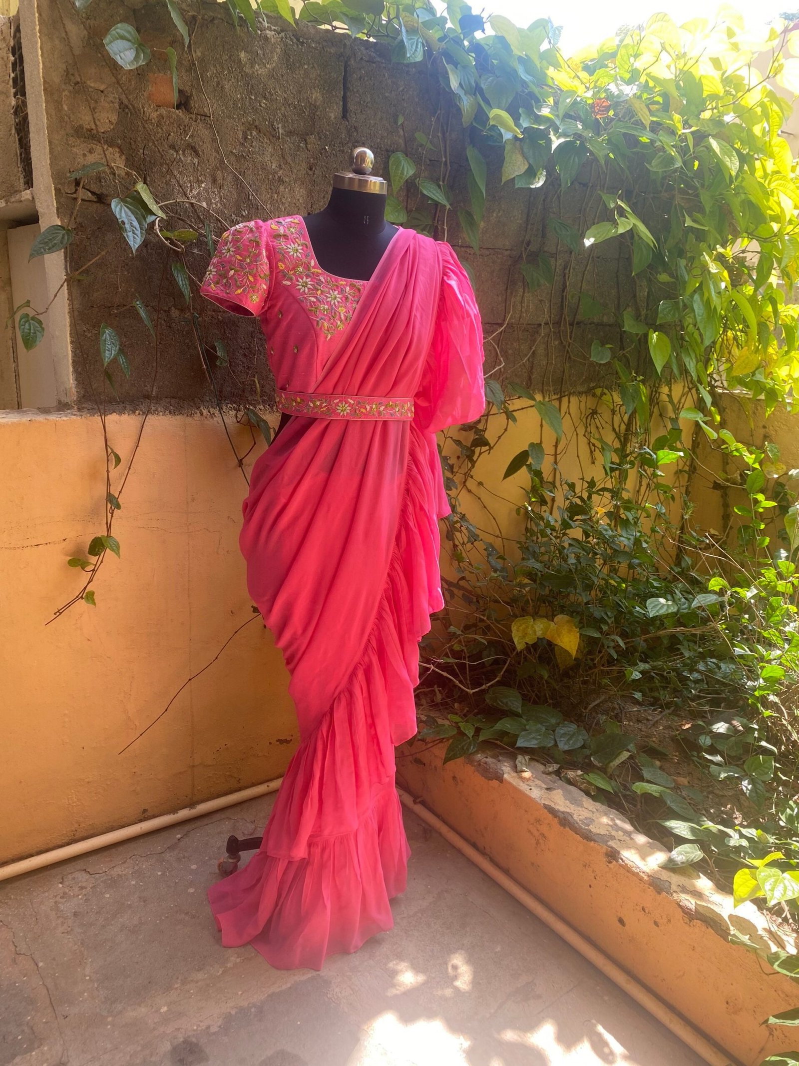 Ruffle saree with blouse/ pink ruffle saree with stitched blouse/ saree belt with blouse / silk ruffle saree / saree with belt / belt sari