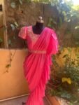 Ruffle saree with blouse/ pink ruffle saree with stitched blouse/ saree belt with blouse / silk ruffle saree / saree with belt / belt sari