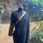 Pure handloom Maheshwari silk cotton saree/ sari with hand embroidered raw silk blouse / cotton silk saree with designer blouse /black saree