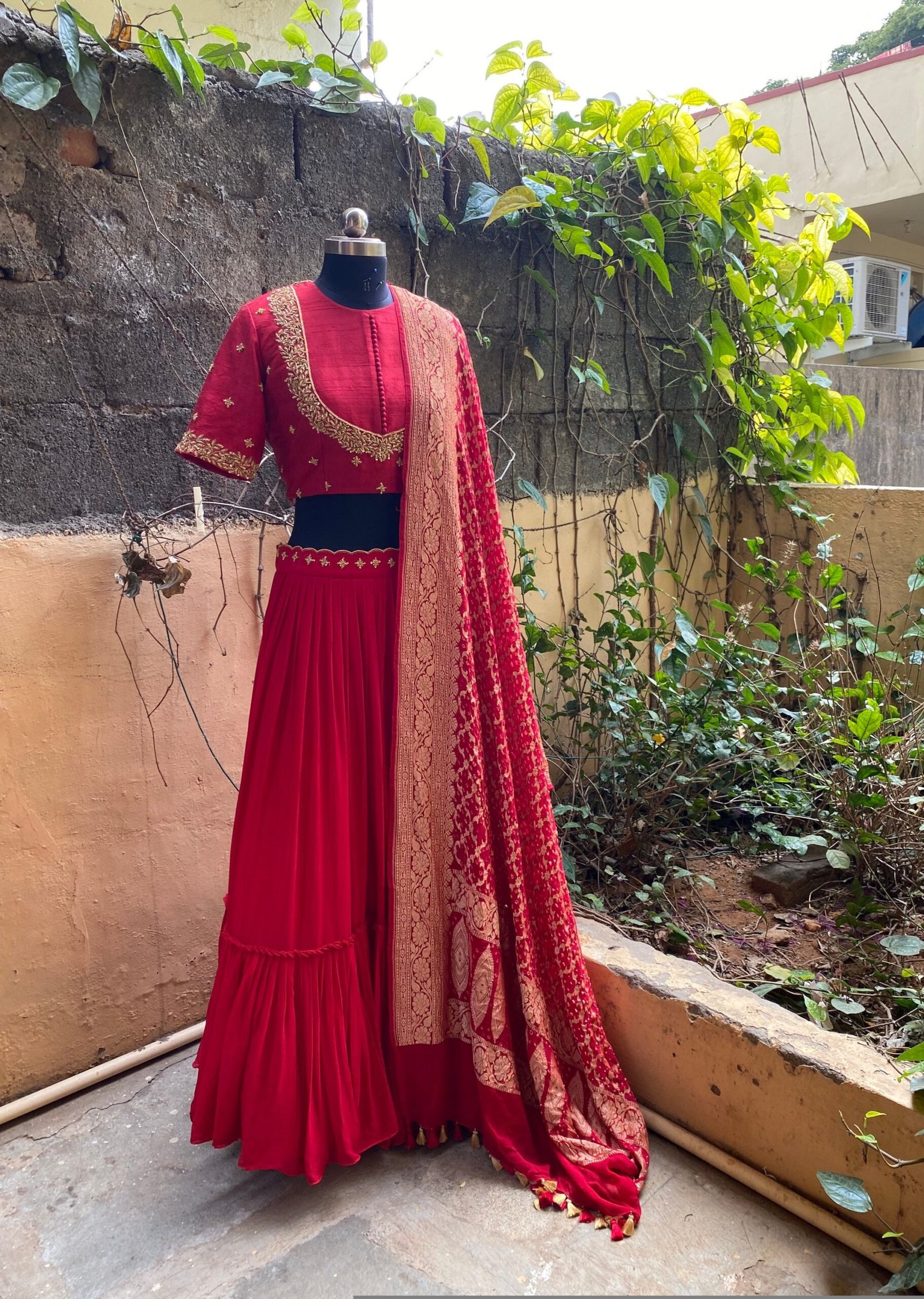 Red Embroidered Banarasi Lehenga Choli Set: Indian Wedding Outfit