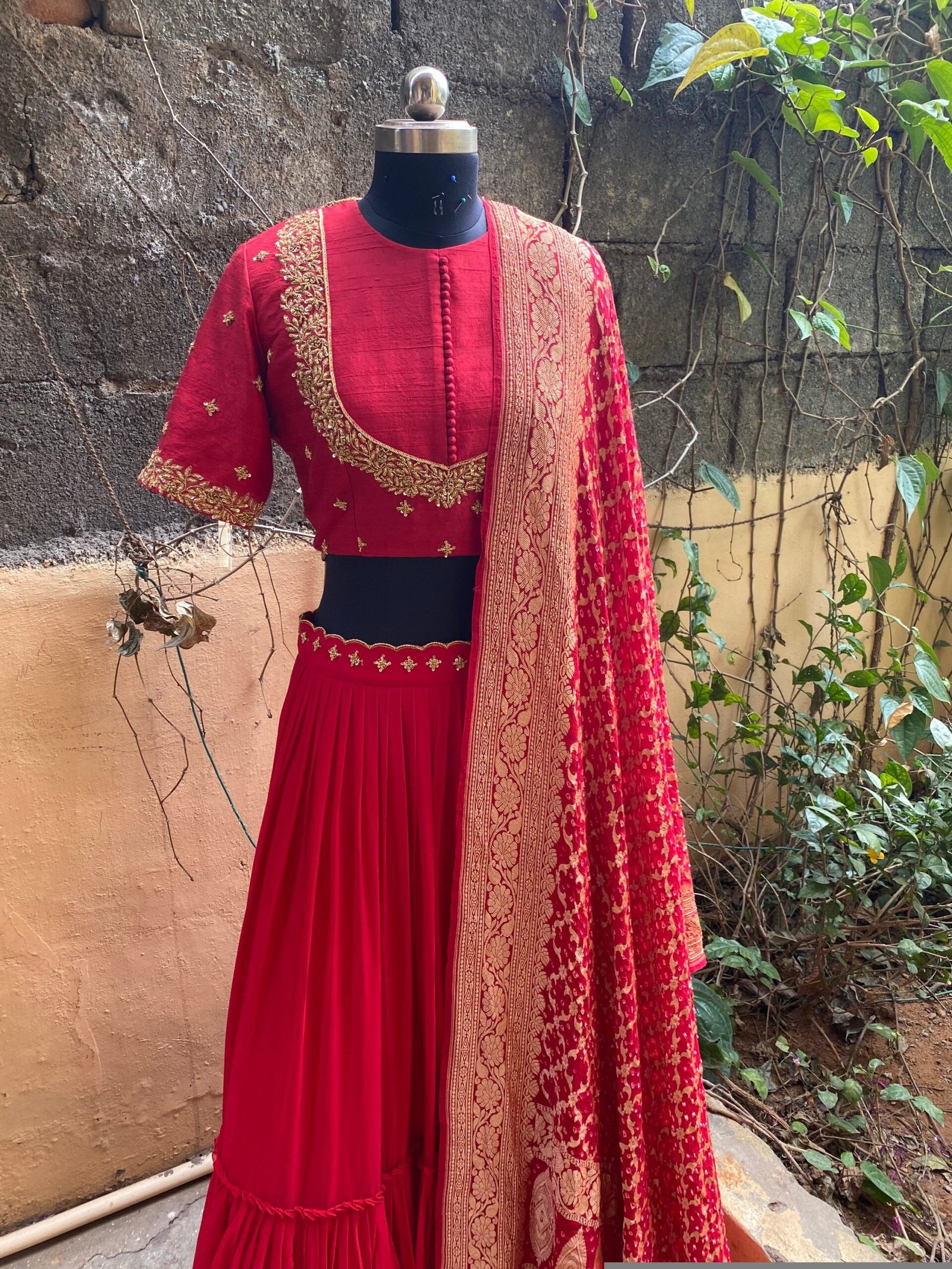Red Embroidered Banarasi Lehenga Choli Set: Indian Wedding Outfit