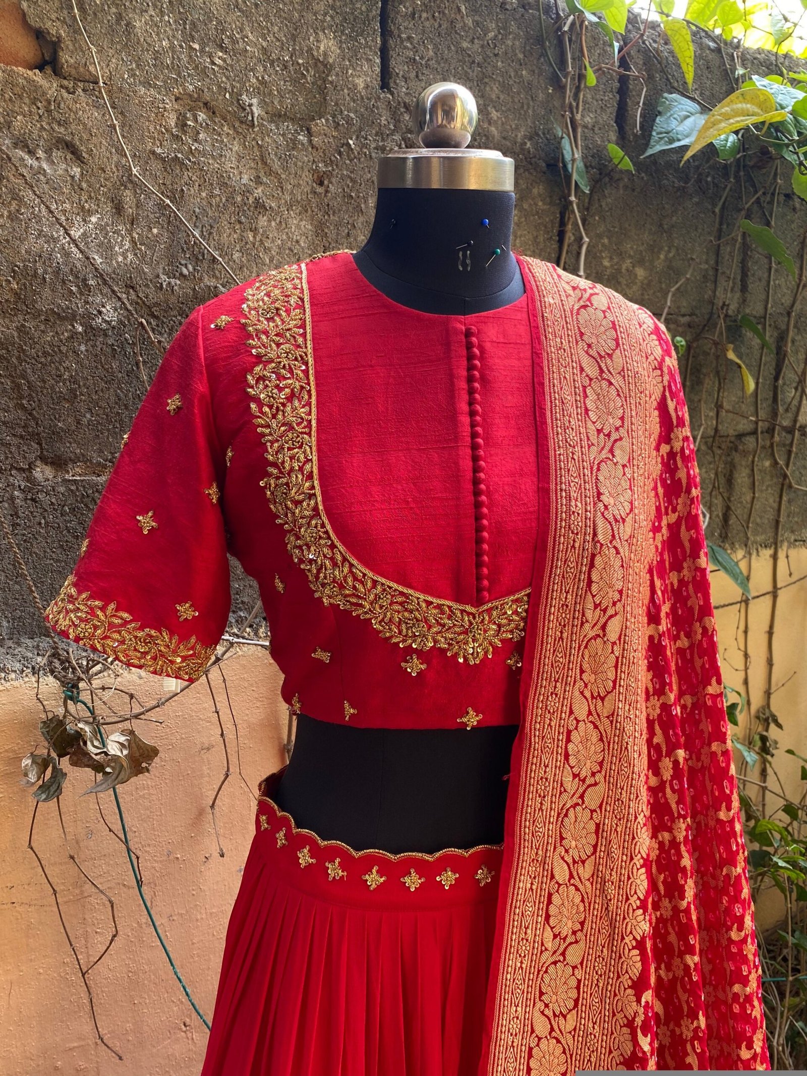 Red Embroidered Banarasi Lehenga Choli Set: Indian Wedding Outfit