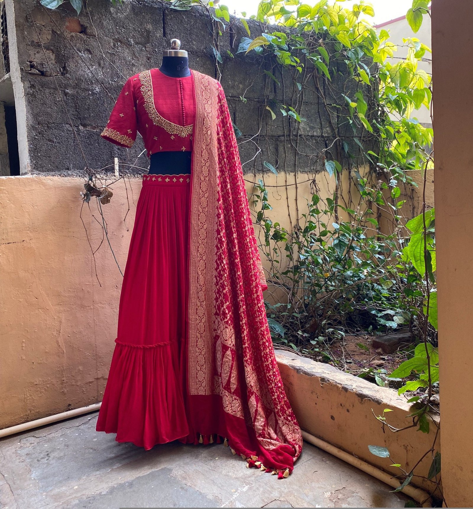 Red Embroidered Banarasi Lehenga Choli Set: Indian Wedding Outfit