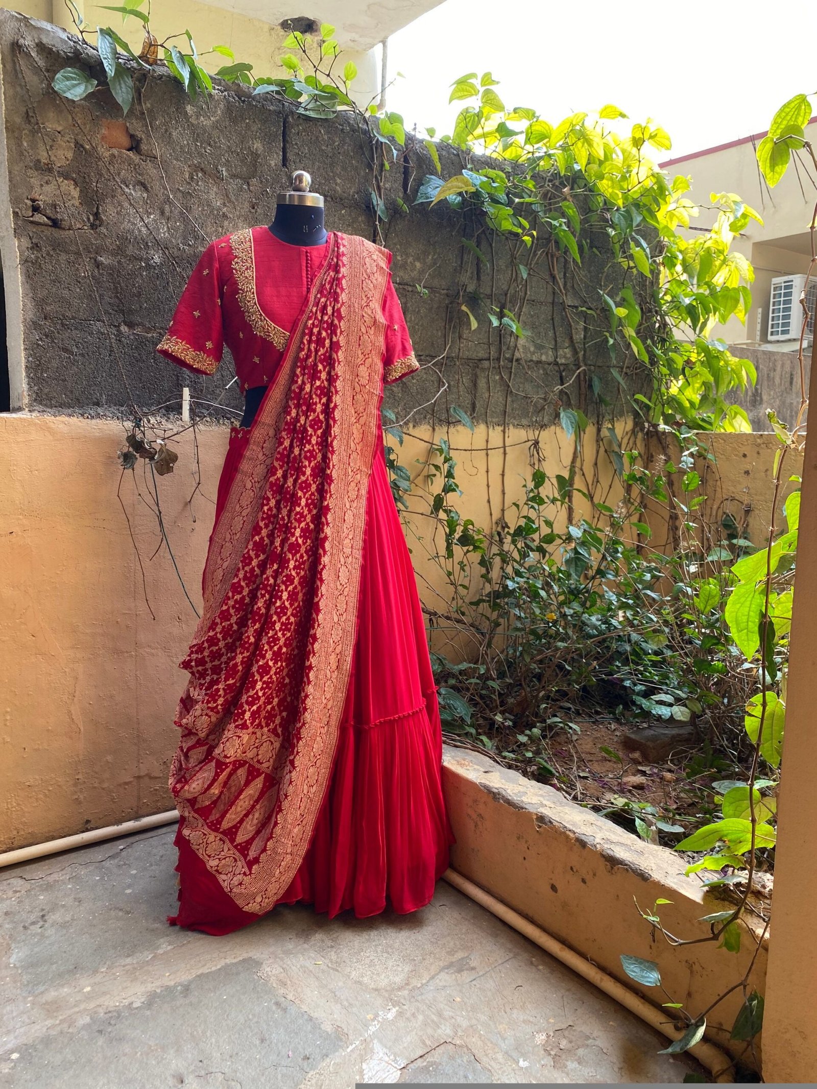 Red Embroidered Banarasi Lehenga Choli Set: Indian Wedding Outfit