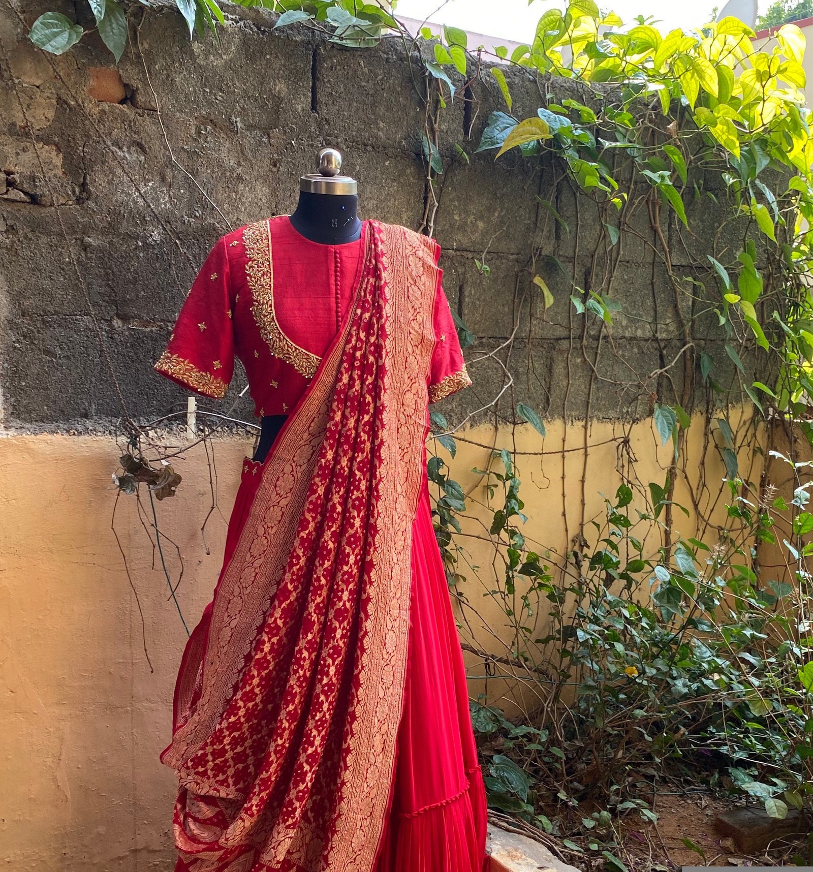 Red Embroidered Banarasi Lehenga Choli Set: Indian Wedding Outfit