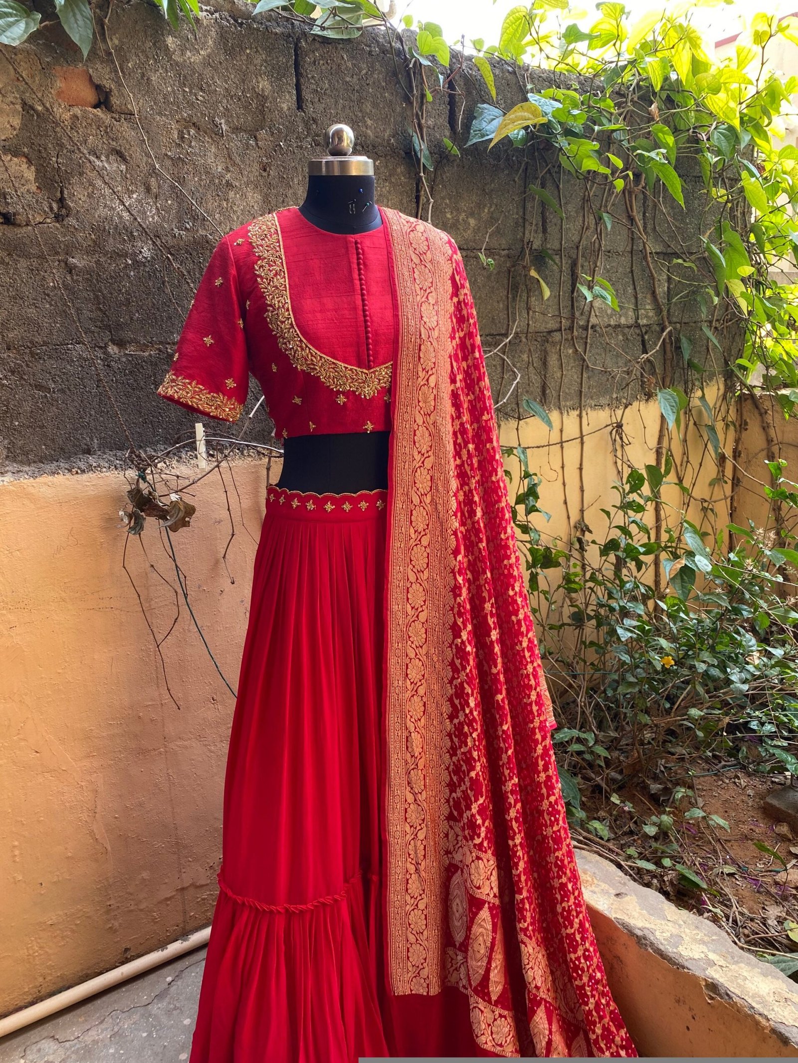 Red Embroidered Banarasi Lehenga Choli Set: Indian Wedding Outfit