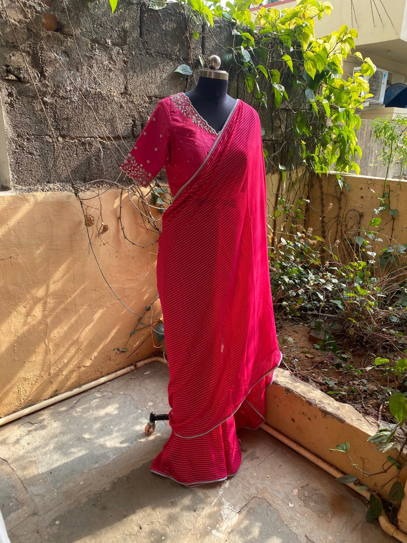 Pink stripes silk saree with Embroidered blouse | embroidered saree with readymade blouse | sarees USA |pink silk saree |voggish saree