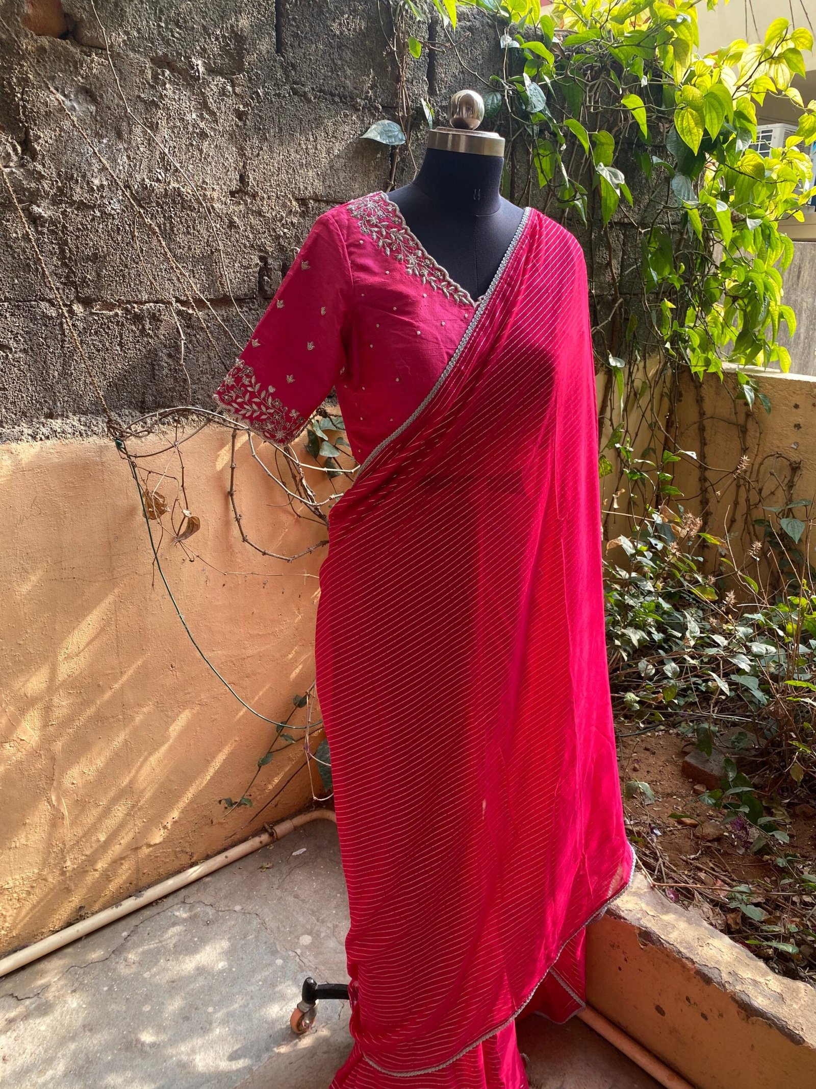 Pink stripes silk saree with Embroidered blouse | embroidered saree with readymade blouse | sarees USA |pink silk saree |voggish saree
