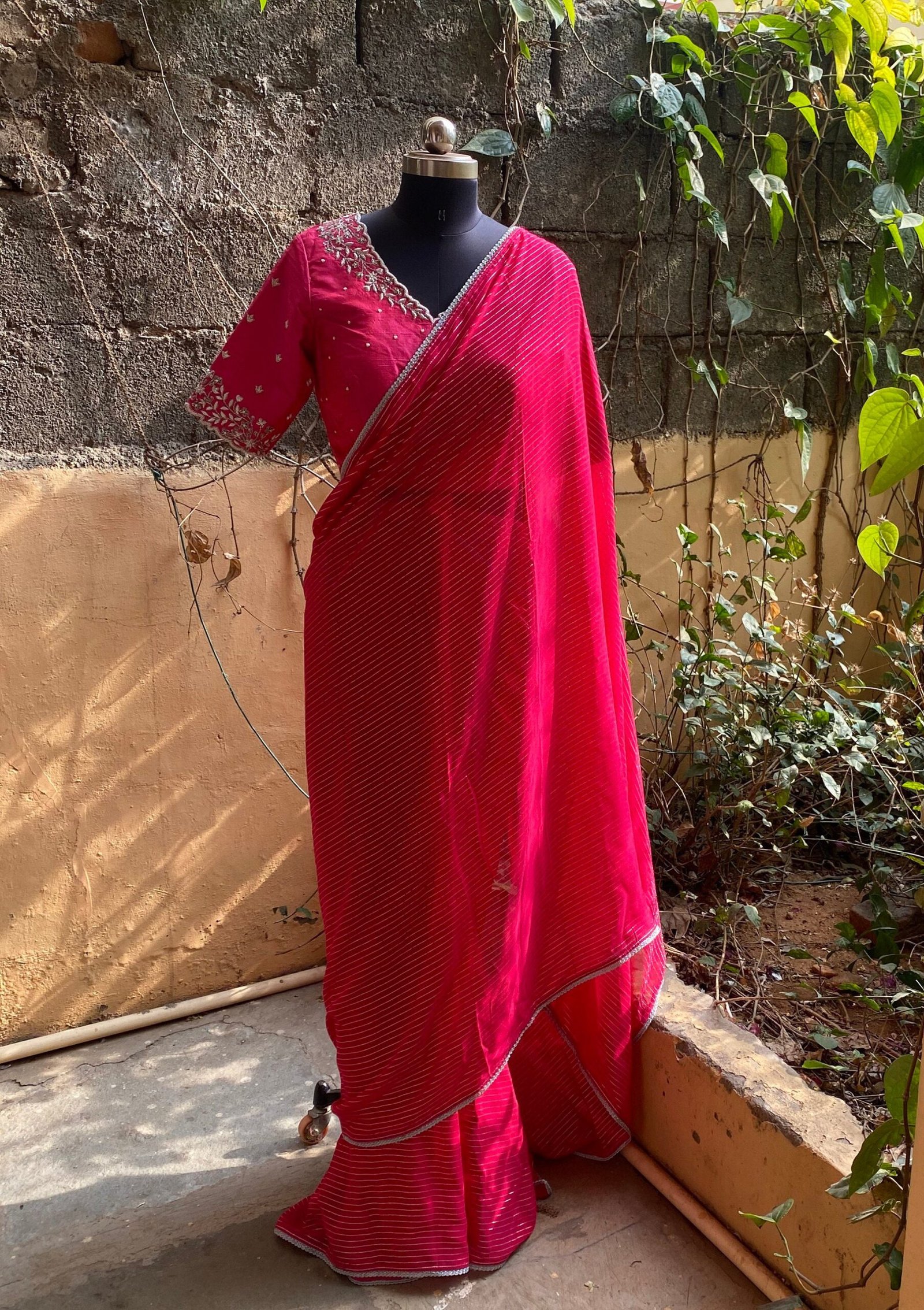 Pink stripes silk saree with Embroidered blouse | embroidered saree with readymade blouse | sarees USA |pink silk saree |voggish saree