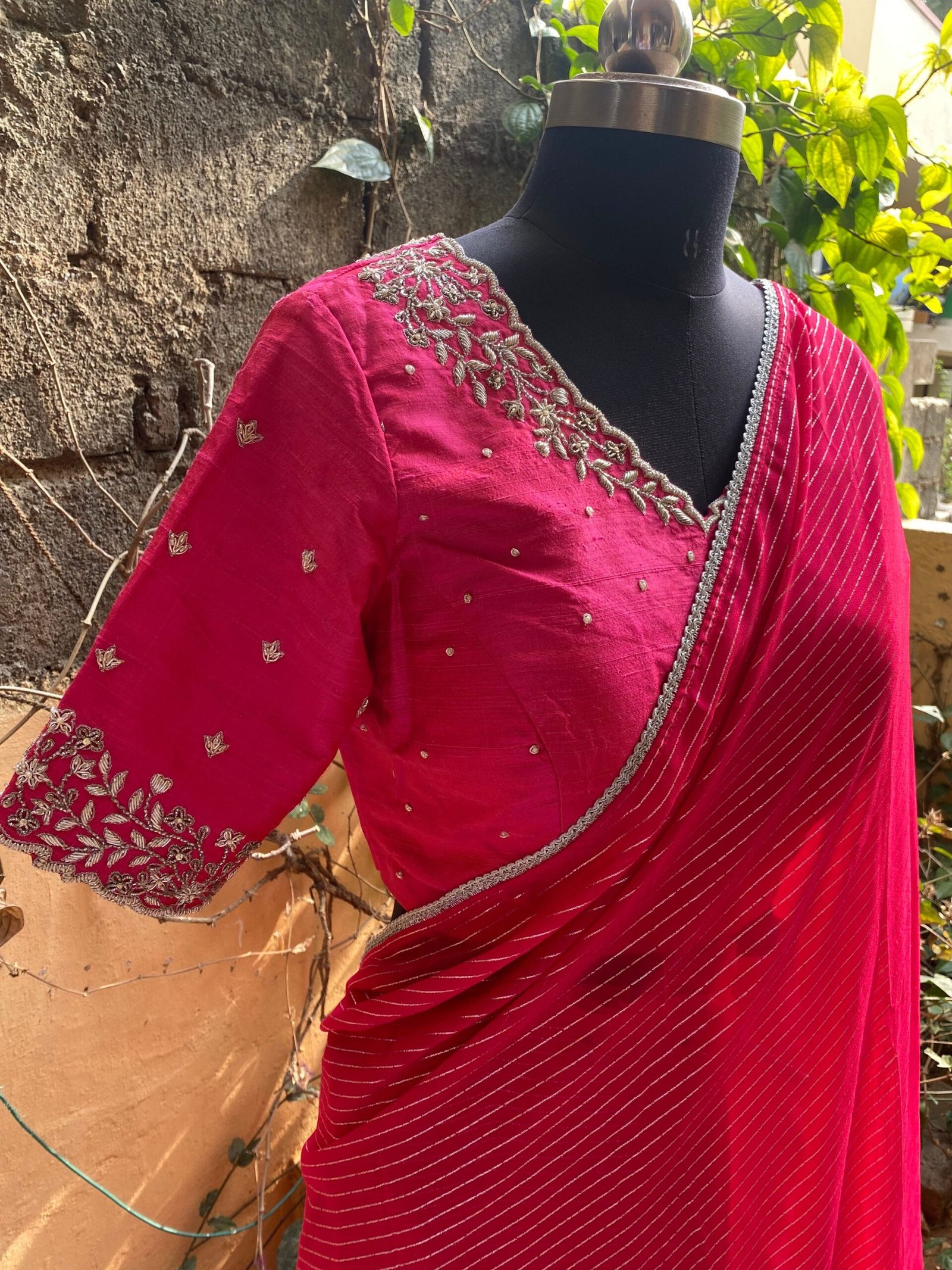 Pink stripes silk saree with Embroidered blouse | embroidered saree with readymade blouse | sarees USA |pink silk saree |voggish saree