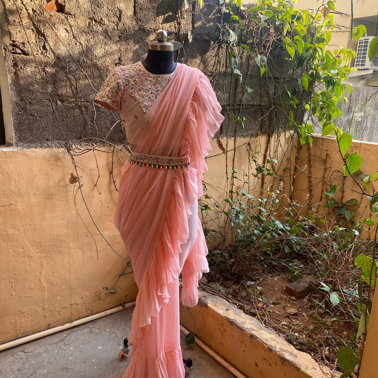 Ruffle saree with blouse/ peach ruffle saree with stitched blouse/ saree belt with blouse / silk ruffle saree / saree with belt / belt sari