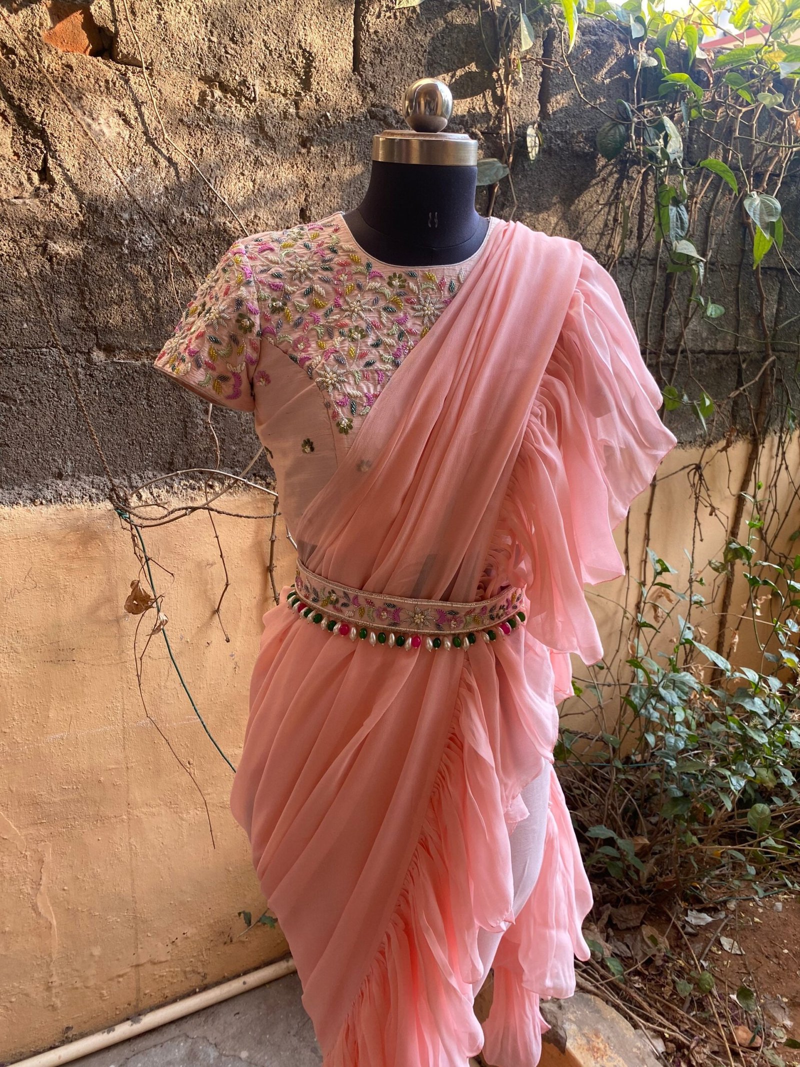 Ruffle saree with blouse/ peach ruffle saree with stitched blouse/ saree belt with blouse / silk ruffle saree / saree with belt / belt sari