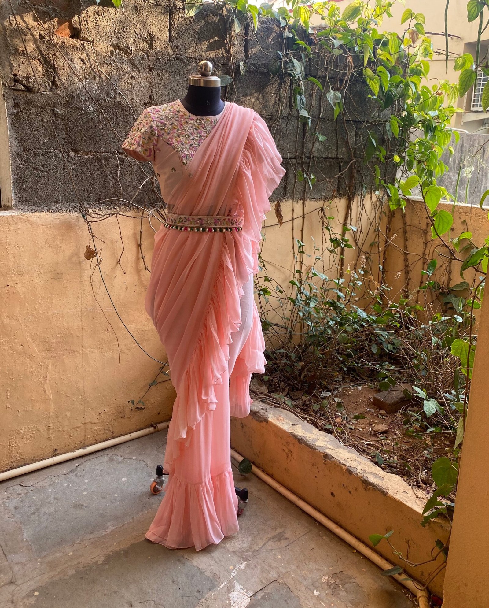 Ruffle saree with blouse/ peach ruffle saree with stitched blouse/ saree belt with blouse / silk ruffle saree / saree with belt / belt sari