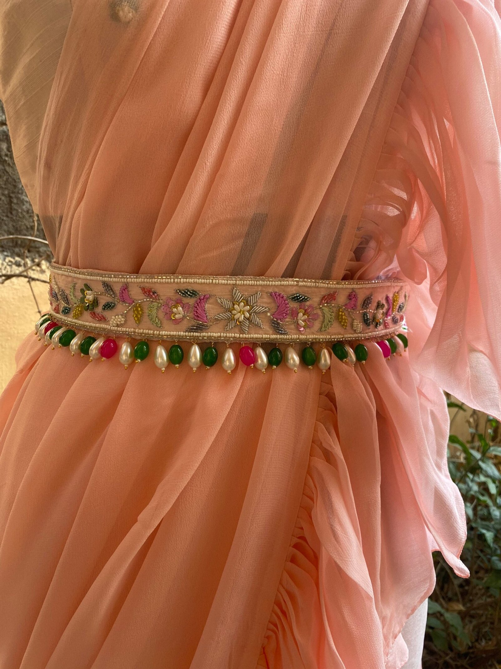 Ruffle saree with blouse/ peach ruffle saree with stitched blouse/ saree belt with blouse / silk ruffle saree / saree with belt / belt sari