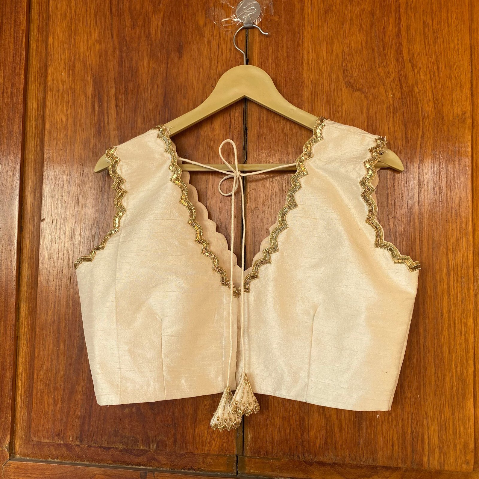 Hand Embroidered Cream Silk Blouse: Sleeveless Zardosi Maggam Work