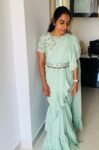 Ruffle saree with blouse/ green ruffle saree with stitched blouse/ saree belt with blouse / silk ruffle saree / saree with belt / belt sari