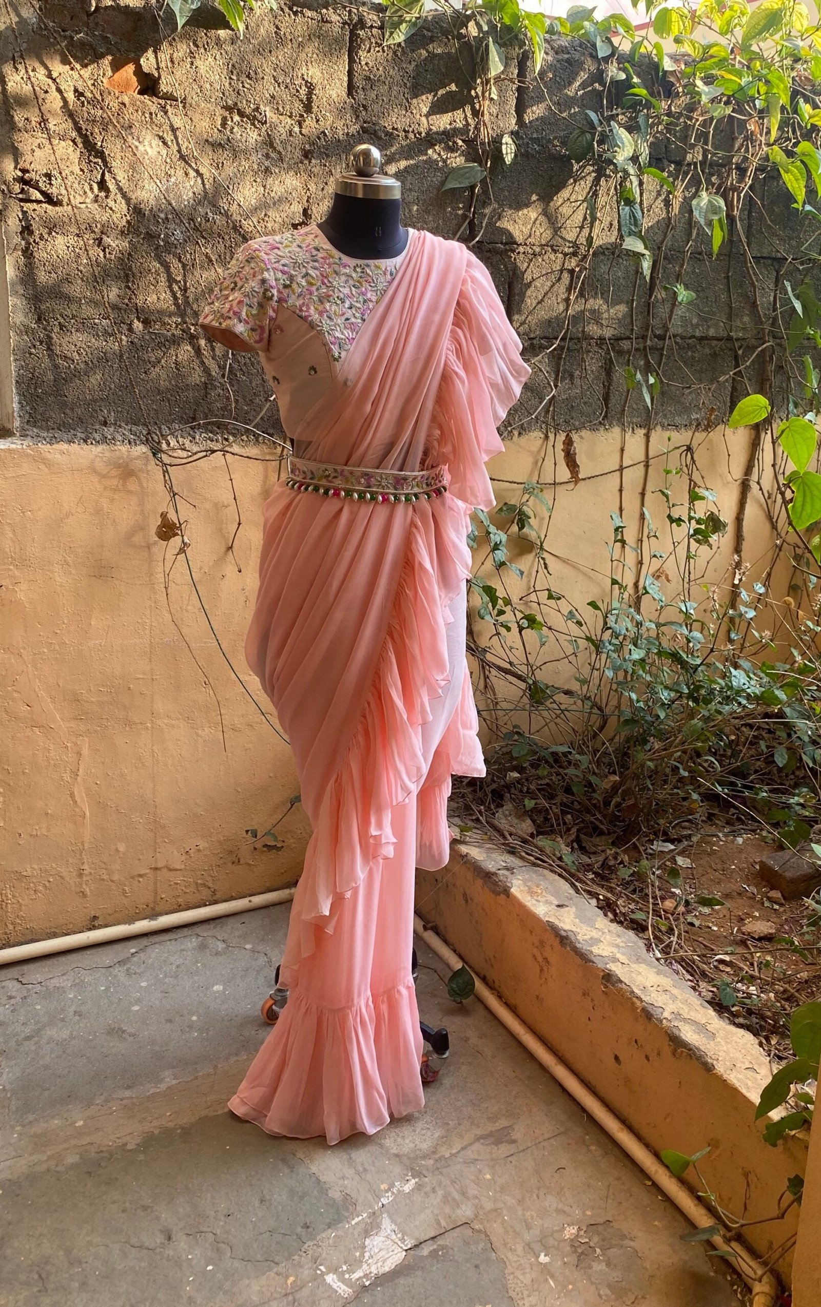 Ruffle saree with blouse/ peach ruffle saree with stitched blouse/ saree belt with blouse / silk ruffle saree / saree with belt / belt sari