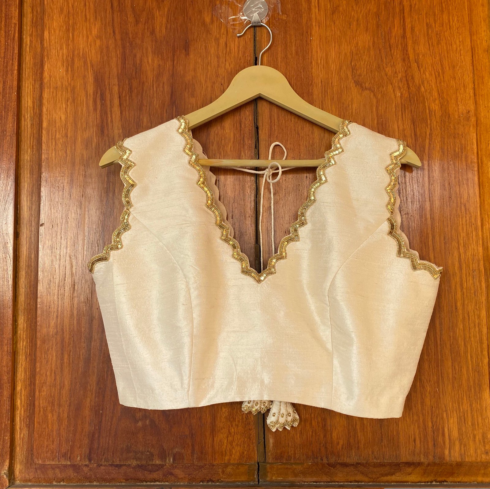 Hand Embroidered Cream Silk Blouse: Sleeveless Zardosi Maggam Work