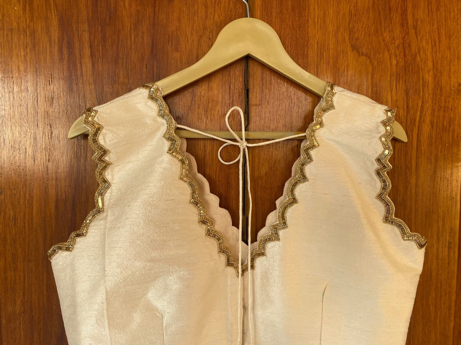Hand Embroidered Cream Silk Blouse: Sleeveless Zardosi Maggam Work