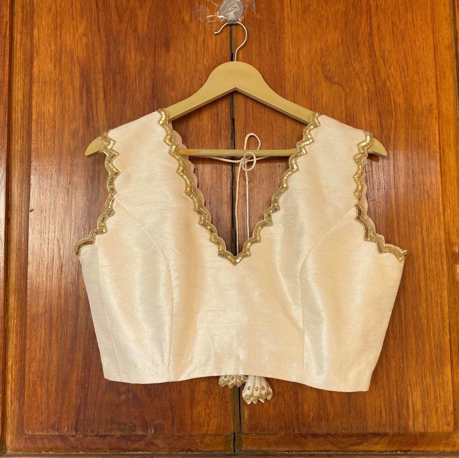 Hand Embroidered Cream Silk Blouse: Sleeveless Zardosi Maggam Work