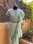 Ruffle saree with blouse/ green ruffle saree with stitched blouse/ saree belt with blouse / silk ruffle saree / saree with belt / belt sari