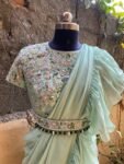 Ruffle saree with blouse/ green ruffle saree with stitched blouse/ saree belt with blouse / silk ruffle saree / saree with belt / belt sari