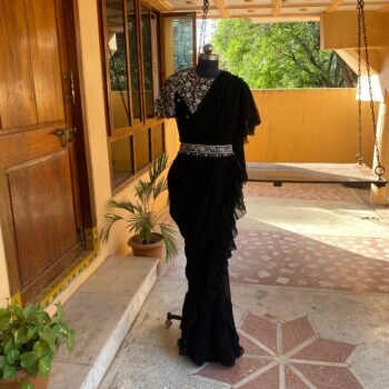 Ruffle saree with blouse/ peach ruffle saree with stitched blouse/ saree belt with blouse / silk ruffle saree / saree with belt / belt sari